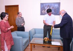 Prof. Bhaswati Mookerjea, Prof. Devendra K. Ojha and Prof. Prof. S. Ramakrishnan during the presentation of Prof. M. K. Vainu Bappu Gold Medal 2020 to Dr. Shriharsh Tendulkar at TIFR Mumbai